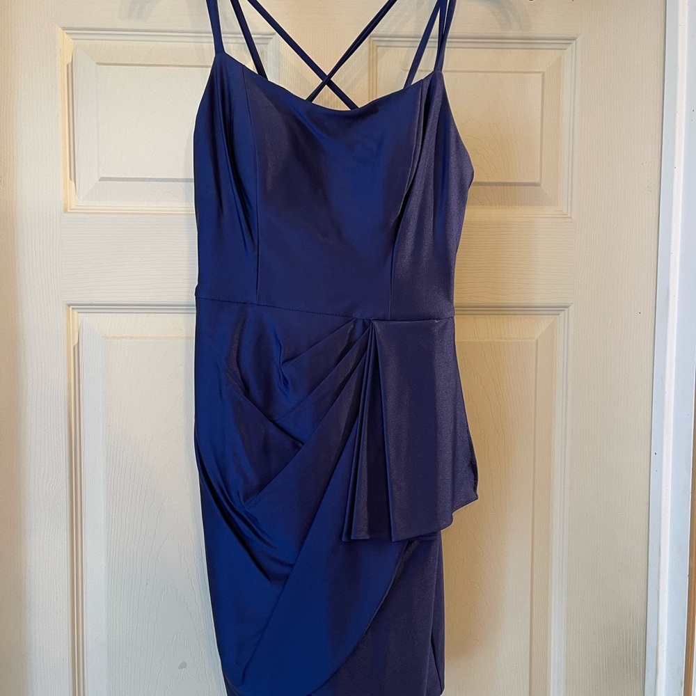 Blondie Nites Deep Blue Strappy Draped Mini Dress